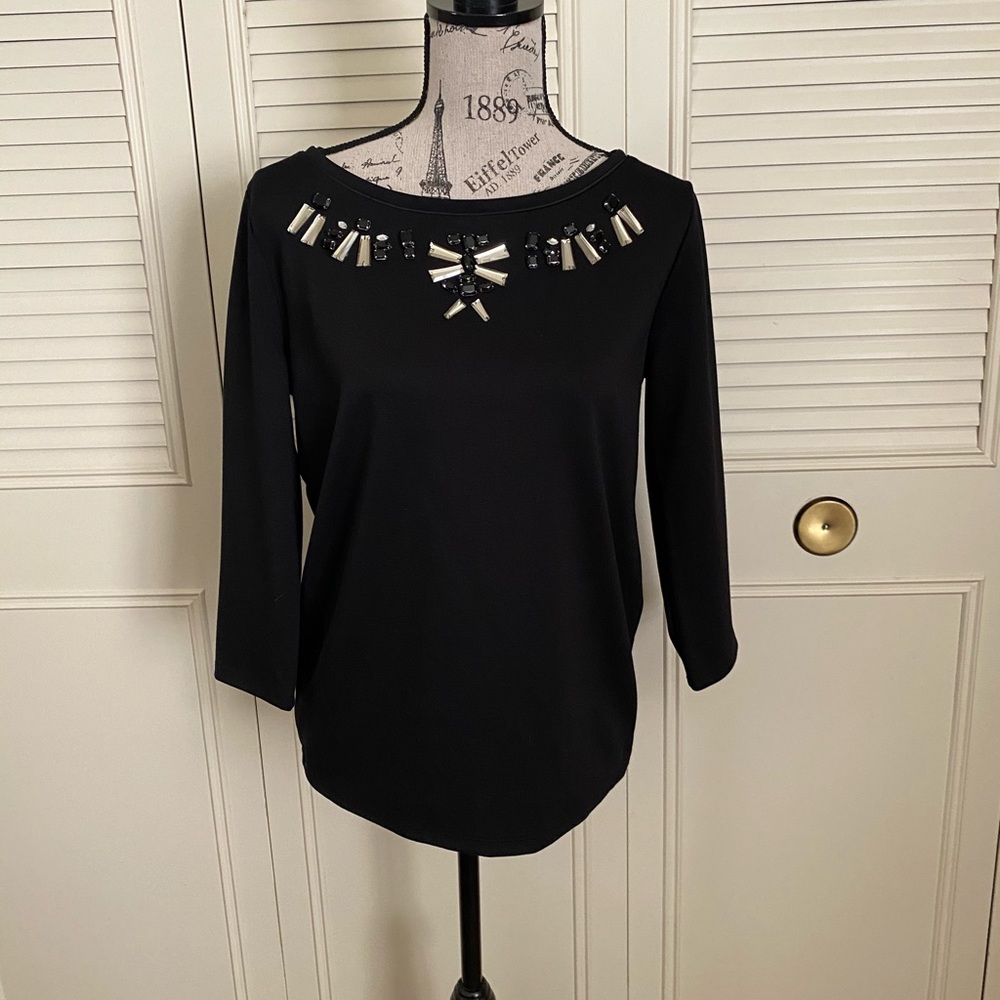 Ann Taylor black beaded jewel bling Blouse top 3/4 sleeves